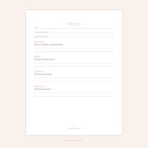 May include: A white journal page titled DATE NO. 18 with lines for date, name, and location. It includes prompts: Before the date, Feelings, Self-awareness, and Body & energy, each followed by blank lines for writing responses and a page number at the bottom.