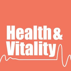 May include: A white text graphic on a coral background with the words "Health & Vitality" and a stylized white heartbeat line.