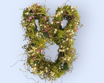 Easter Bunny Wreath, Preserved Baby's Breath and Moss, Cottagecore Spring Door Decor