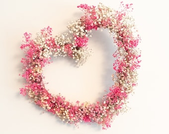 Heart Shaped Dried Flower Wreath, Pink White Preserved Babys Breath Wreath, Elegant Handcrafted Home Decor, Valentine Cottagecore