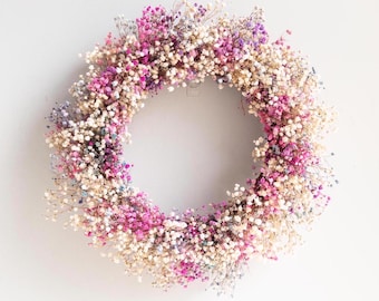 Preserved Baby's Breath Wreath in Pastel Colors, Cottagecore Floral Door Decor