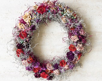 Viva Magenta Nest Wreath, Dried Flower Wreath for Front Door, Dry Rose Wreath, Cottagecore Wreath