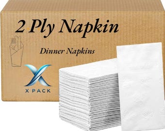 Puede incluir: Una caja de servilletas de cena de 2 capas con un fondo blanco y un diseño floral. La caja es marrón y tiene el texto "2 Ply Napkin" y "Dinner Napkins" impreso en ella. La caja también tiene un logotipo azul y blanco que dice "X PACK".