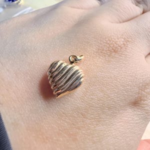 Solid Gold Pendant Puffy Heart 14k Gold Vintage Charm with Diagonal Lines