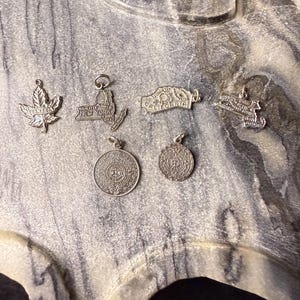May include: A collection of silver-toned charms, including a maple leaf, a New York state outline, a California outline, and two circular coin-like pendants. The charms are displayed on a textured, gray surface.