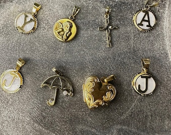 Solid Gold Pendant Yellow Gold 10k 14k 9ct Locket Gold Letter Cross Angel Umbrella Vintage and New (choice)