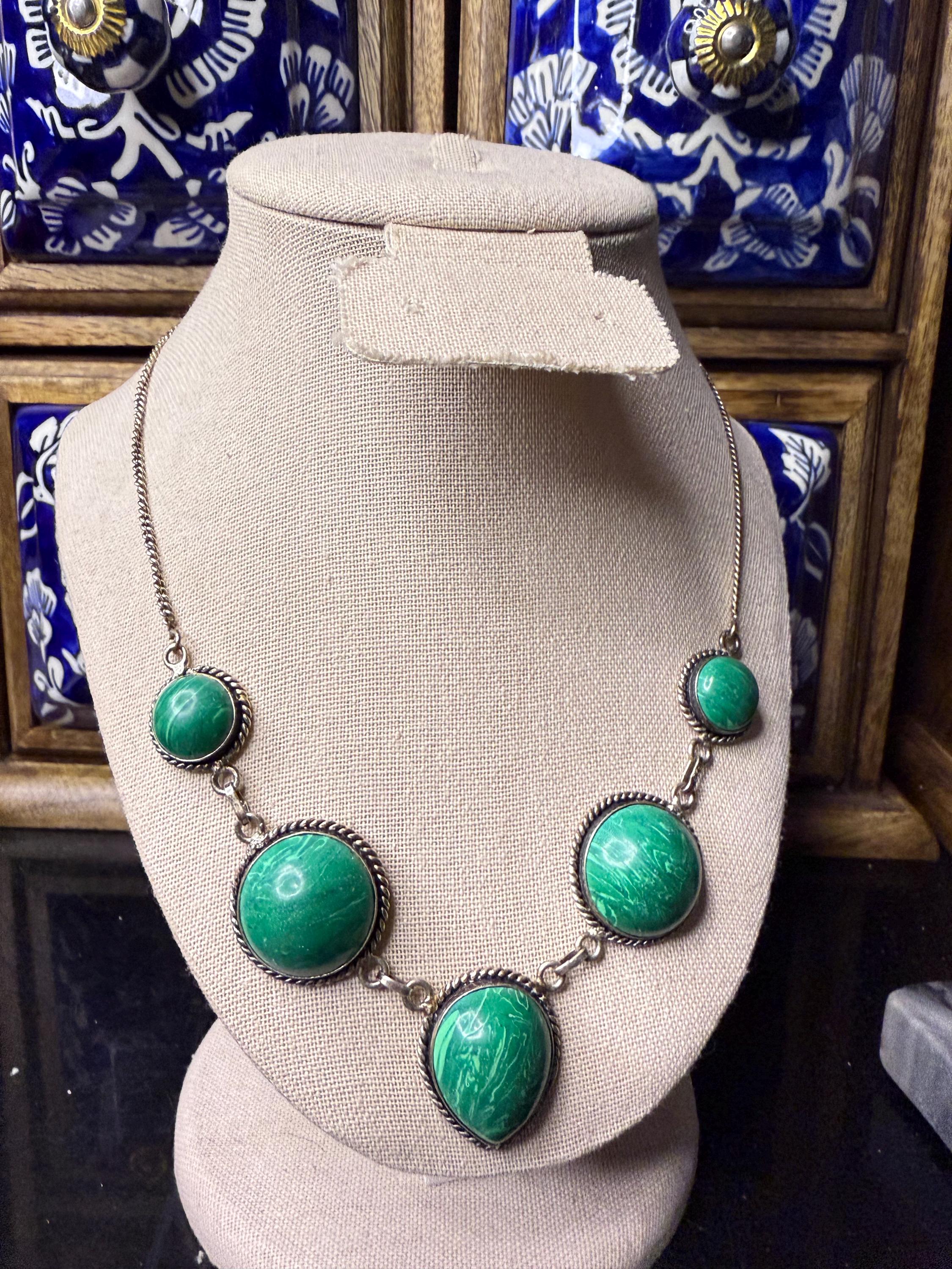 Southwestern Style Malachite Sterling Silver Necklace Green Stone Silver
