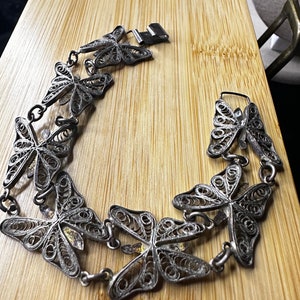 Vintage Sterling Silver Filagree Butterfly Link Peru Bracelet 7 inches