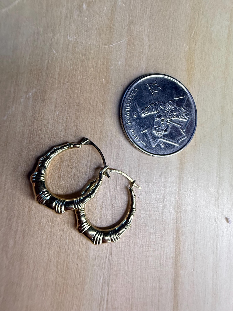 May include: A pair of gold-colored hoop earrings with a bamboo-like design. The earrings are next to a Canadian quarter coin. The earrings are on a light brown wooden surface.