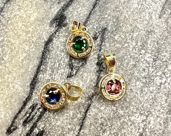 Solid Gold Pendant Birth Month Stone Blue Pink Green Stone Pendant 10k (choice)