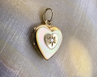 Solid Gold Heart Locket 10k Gold Mother of Pearl Heart Pendant Engraved Starburst