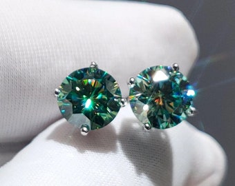 2.06tcw Ocean-Green Moissanite SOLID 14k Gold Earring Studs 4-Prong with Safety Screwback Post or Push Back
