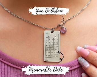 Personalized Calendar Necklace with Birthstone, Customized Wedding Date Necklace , Mom Anniversary Necklace, Christmas Gift for Her
