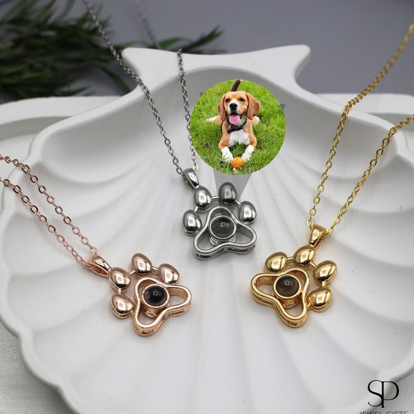 Personalized Paw Photo Projection Necklace, Custom Dog/Cat Memorial Pendant, Pet Memorial Necklace, Paw Print for Her, Gift For Pet Lovers
