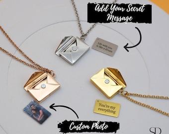 Personalized Envelope Love Letter Necklace, Custom Envelope Locket, Gift for MAMA, Necklace With Secret Message, Engraved Memorial Photo