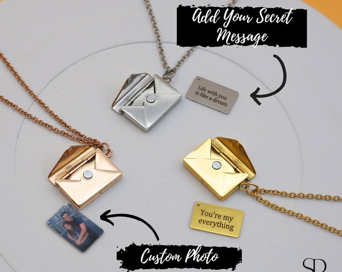 Personalized Envelope Love Letter Necklace, Custom Envelope Locket, Gift for MAMA, Necklace With Secret Message, Engraved Memorial Photo