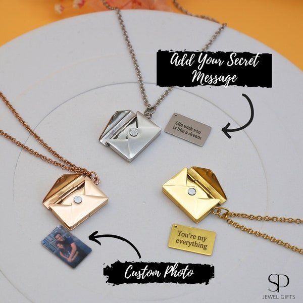 Collar de carta de amor de sobre personalizado, medallón de sobre personalizado, regalo para MAMA, collar con mensaje secreto, foto conmemorativa grabada