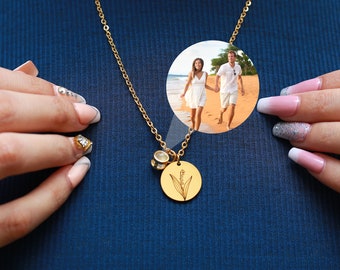 Personalized Birth Month Flower Photo Projection Necklace, Engraved Birth Month Flower Necklace, Custom Photo Pendant, Birthday Gift for Her