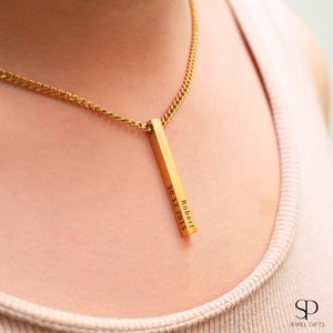 Personalized Vertical Bar Necklace, Customize 4 Sides with Engraving, Monogram Name Necklace for Mom, Coordinates Necklace Gift for Her