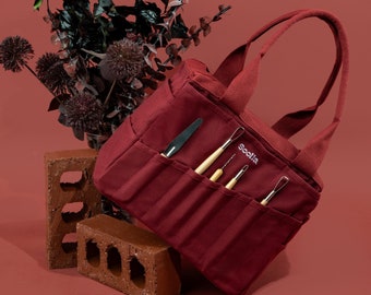 Sangria Soolla® Studio Pottery Tool Bag, Wine Red Art Supply Organizer, Sewing Knitting Needle and Yarn Project Bag, Crochet Crafts Bag Gift