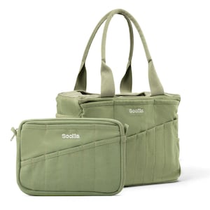 May include: A sage green tote bag and matching pouch set. The tote bag has two handles and multiple exterior pockets. The pouch has a zipper closure. Both items have the word "Sooila" embroidered on them.