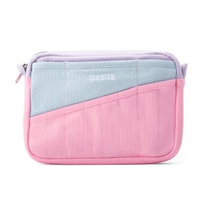 May include: A rectangular, multi-colored pencil case with a zipper closure. The case is divided diagonally into three sections: lavender, light blue, and pink. The word "Sooila" is embroidered in white on the light blue section. Vertical stitching details the pink section.