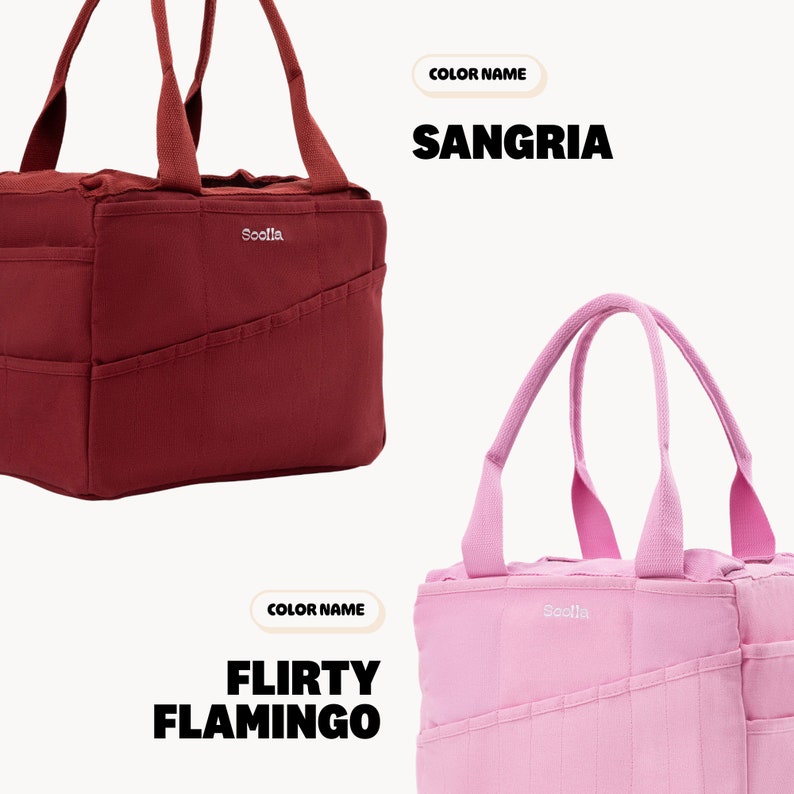 a pink handbag and a red handbag