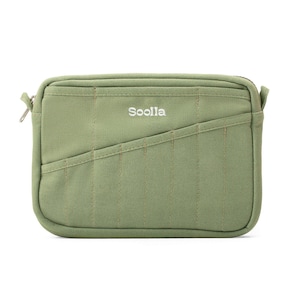 May include: A sage green rectangular pouch with a zipper closure. The pouch has a quilted design with vertical and diagonal stitching. The word "Sooila" is embroidered in white on the front of the pouch.
