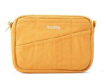 May include: Mustard-colored rectangular crossbody bag with a zipper closure. The bag features a quilted design and a front pocket. The brand name "Sooila" is embroidered on the front.