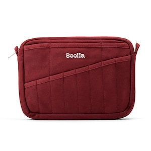 May include: A burgundy-colored rectangular bag with a zipper closure and the brand name "Sooila" in white. The bag features multiple pockets and a quilted design, offering a structured and organized storage solution.