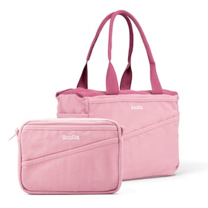 May include: Two-piece pink canvas tote bag and matching small pouch. The tote bag has a rectangular shape with a top handle and a contrasting dark pink trim. The small pouch has a zipper closure. Both items have the word "Soofla" printed on them.