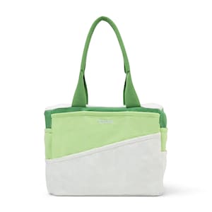 May include: A green and white canvas tote bag with the word "Socilla" embroidered on the front. The bag has multiple pockets and a top zipper closure.