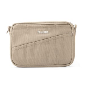 May include: A beige rectangular bag with a zipper closure and the brand name "Sooila" in the center. The bag has a quilted design with vertical stitching and a diagonal pocket on the front. The bag is made of a canvas-like material.