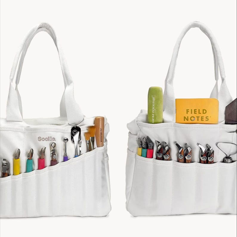 light green pottery tool bag with tools in left pockets