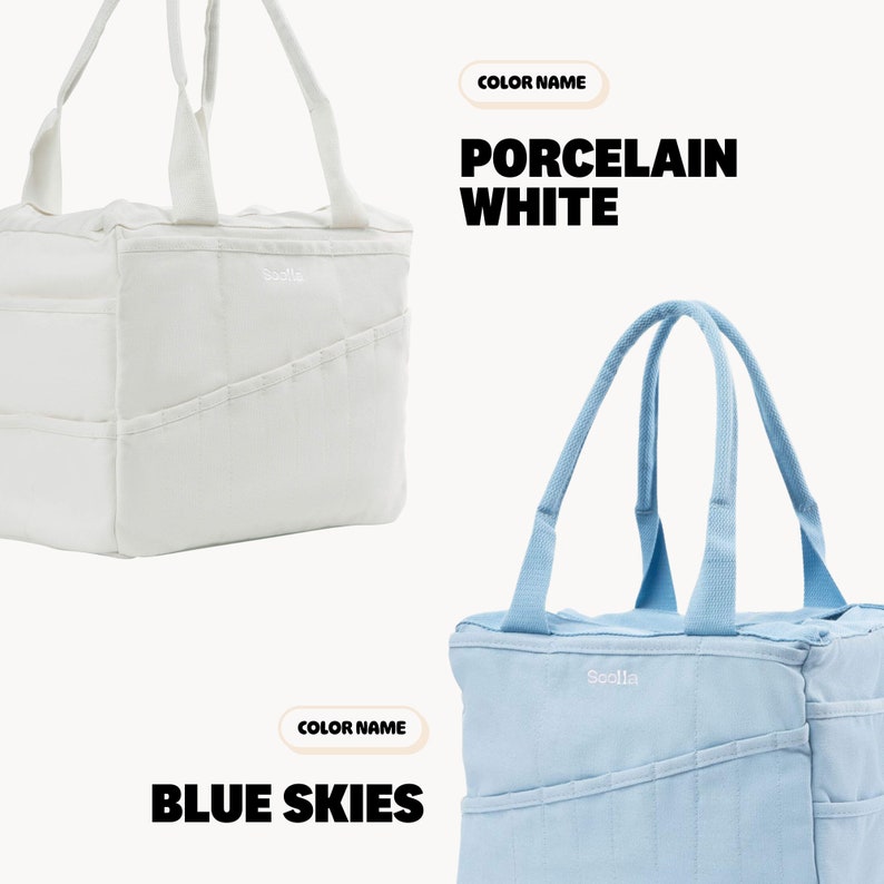 a white tote bag and a blue tote bag