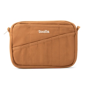 May include: A rectangular, brown canvas bag with a zipper closure and a stitched design. The word "Sooila" is embroidered in white on the front of the bag. The bag has a small, attached zipper pull.