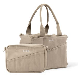 May include: A beige canvas tote bag and matching small pouch. The tote bag has two handles and multiple exterior pockets. The small pouch has a zipper closure. Both items have the brand name "Sooila" embroidered in white.
