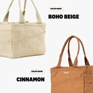 a tote bag and a tote bag with the words boho beige