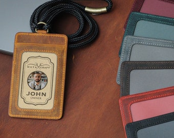 Personalized ID Card Holder Wallet with Lanyard | Handmade Leather ID Badge Holder | Office New Year Work Anniversary Gift for Employee