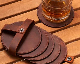 Personalized Leather Coasters Set of 6, 10 cm Drink Whiskey Coasters, Rustic Home Decor, Handmade Coaster Set for Offices, Christmas Gift