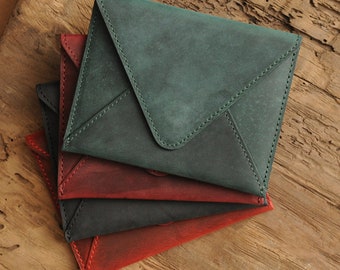 Personalized Leather Envelope Wallet, Handcrafted Cash Card Clutch, Handmade Christmas Gift for Her