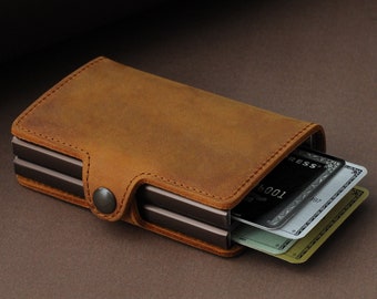 Personalized Leather Pop-Up Card Holder | Dual Credit Card Case for Christmas Gift | Fathers Day Gift | Handmade Leather Bifold Wallet