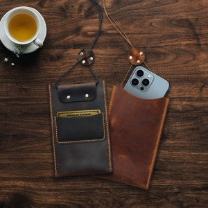 Personalized Leather Slim Phone Bag for Travel | Handmade Phone Case with Card Holder | iPhone 15, 14, 13 Case Gift | Phone Pouch with Strap