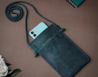 Personalized Leather Slim Phone Pouch | Shoulder Bag with Card Holder Phone  Case | iPhone 15, 14, 13 Case | Handmade Phone Bag with Strap