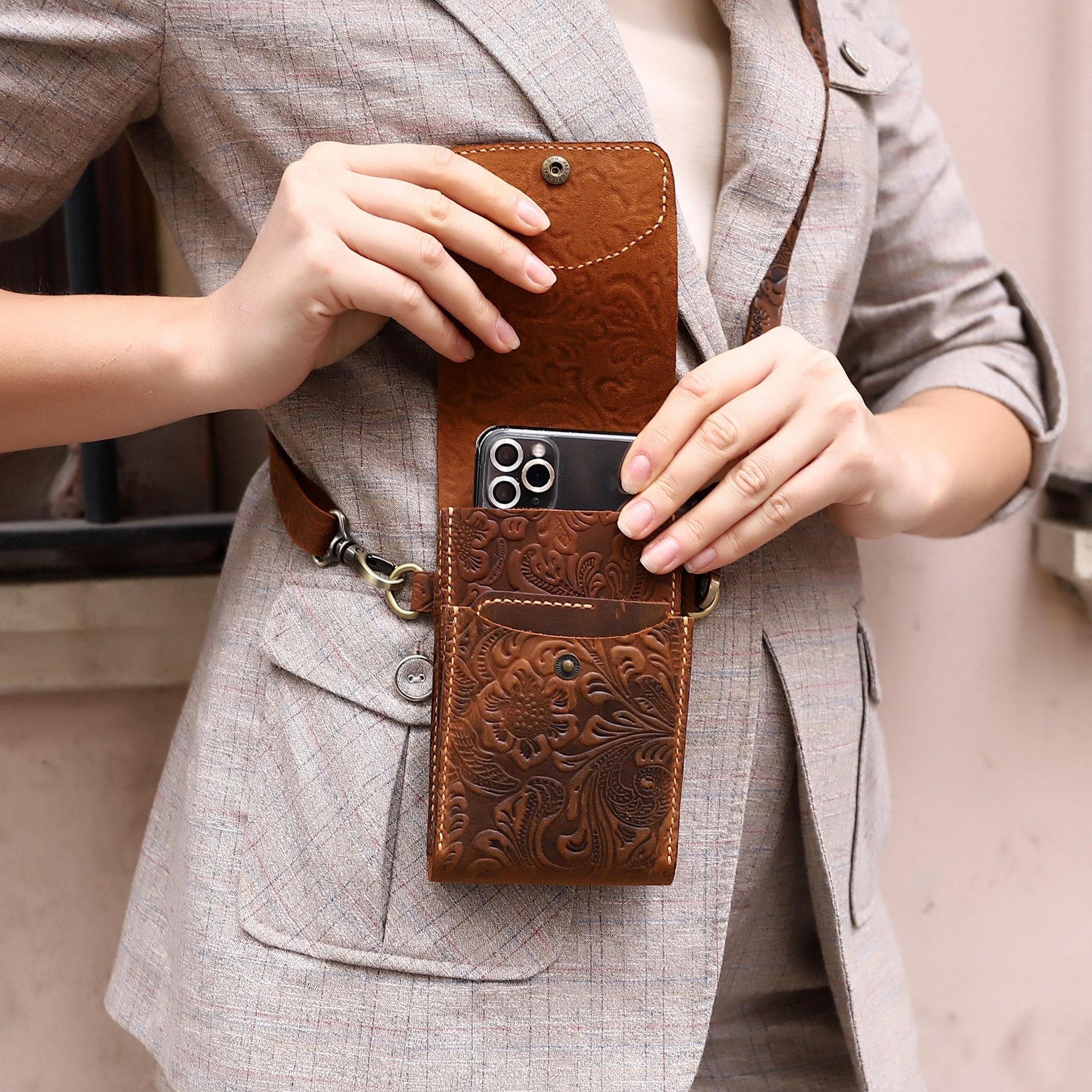 Personalized Leather Crossbody Phone Bag Handmade Unisex Small