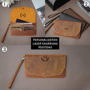 May include: Three brown leather wallets with different personalization options. The wallets have a flap closure and a wrist strap. The personalization options include a monogram, initials, and a monogram with a laurel wreath. The text "PERSONALIZATION LASER ENGRAVING POSITIONS" is printed below the wallets.