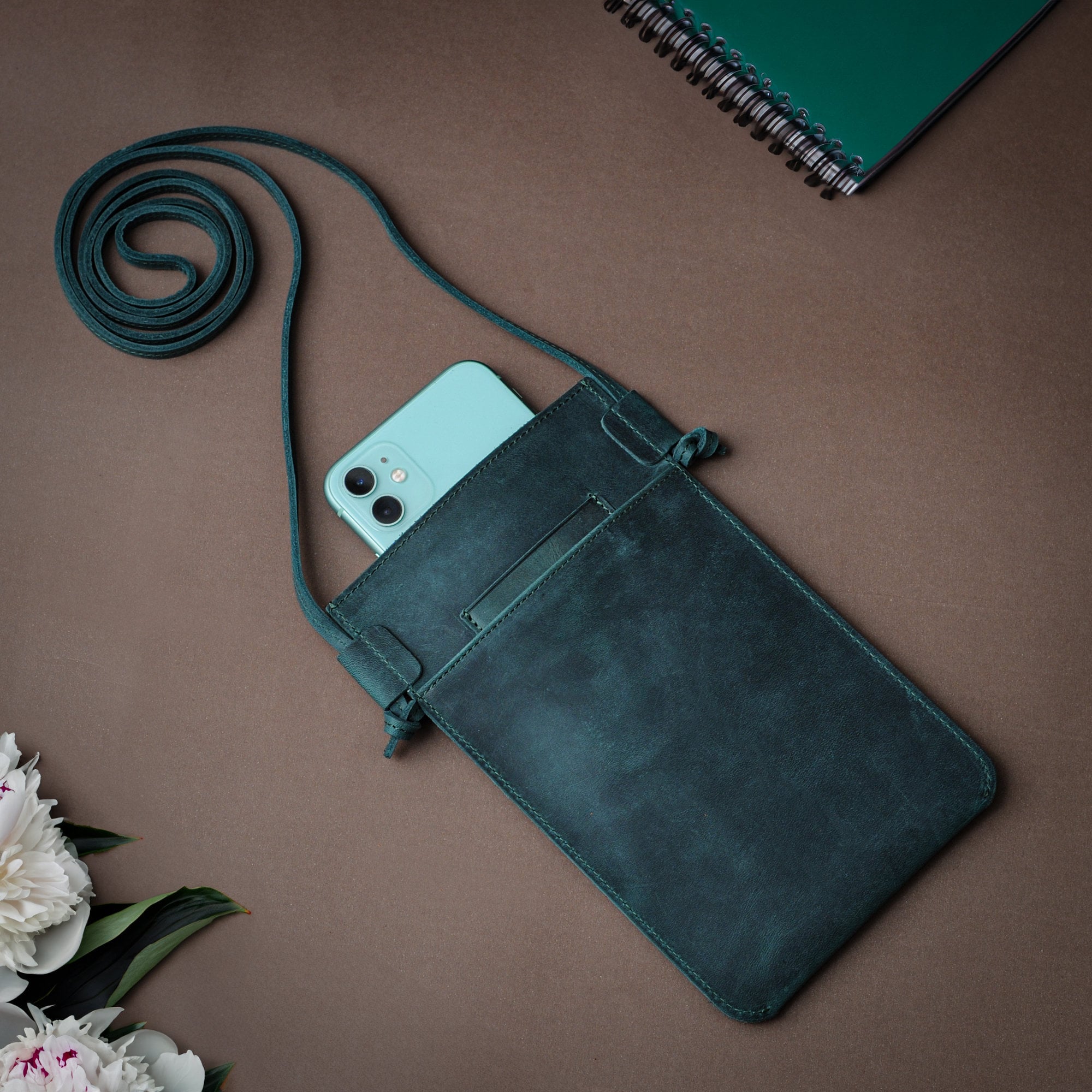 Personalized Leather Slim Phone Pouch | Mini Shoulder Bag | Card Holder Phone Case for iPhone 15, 14, 13 | Handmade Phone Bag with Strap