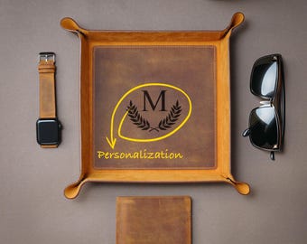 Personalized Leather Valet Tray, Engraved Catchall Tray, Christmas Gift, Handmade Desk Organizer Tray, Groomsmen Gift for Him, Vanity Tray