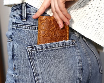 Handmade Carved Leather Wallet with Coin Pocket | Floral Embossed Leather Purse | Slim Minimalist Wallet for Women | Christmas Gift for Her