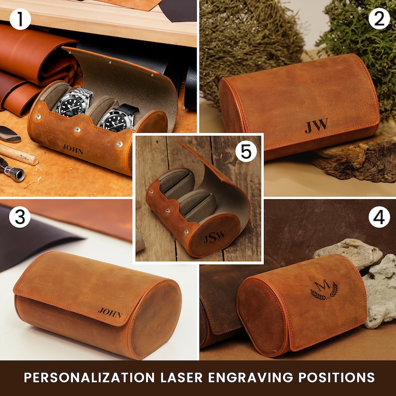 May include: Five different brown leather watch roll cases with personalization options. The cases are shown with various engravings, including initials and names. The cases are made of brown leather and have a cylindrical shape. The cases are perfect for storing and protecting watches.
